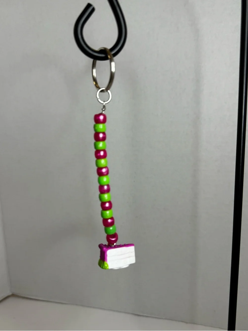 Pink & Green Beaded Kids Charm Keychain with Cute Cake Pendant